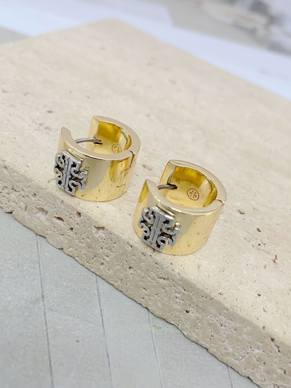 Tory Burch Two-Tone Logo Huggie Mini Hoop Earrings in Gold and Silver